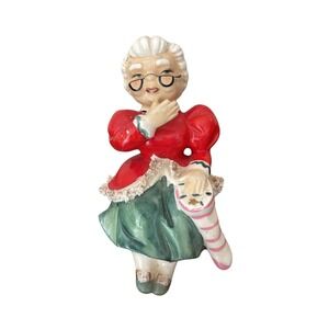 Rare Vintage Large Geo Lefton Spaghetti Trim‎ Mrs. Claus Shelf Sitter 7-1/2"T
